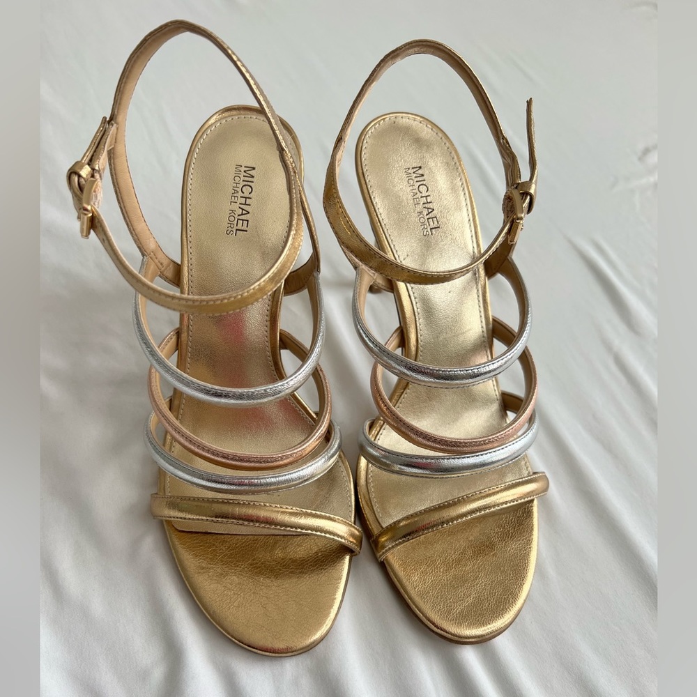 Metallic Michael Kors straps heels